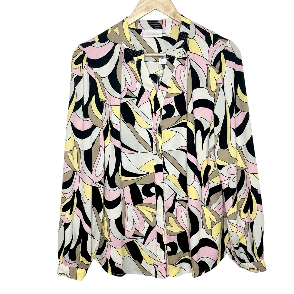 Belle Kim Gravel Geometric Print Blouse Top Womens Small Retro Chiffon Button Up